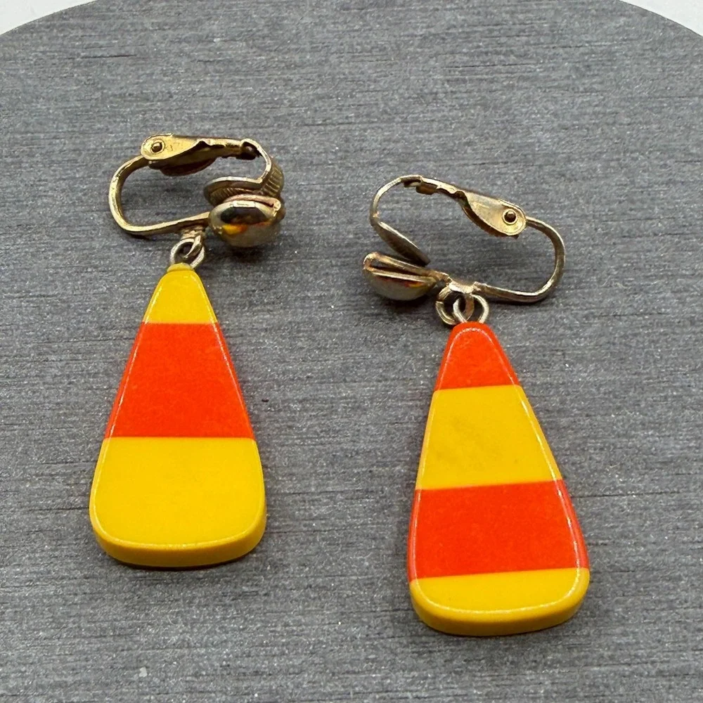 Orange Yellow Striped Drop Earrings Clip On Mod Retro Geometric Dangle 1970s